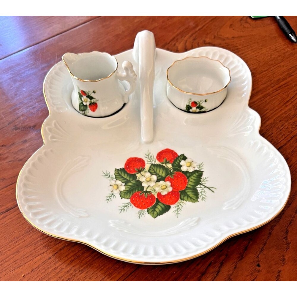 Vintage Gerold Porzellan Bavaria Strawberry Creamer Sugar Bowl Tray Set, West Ge